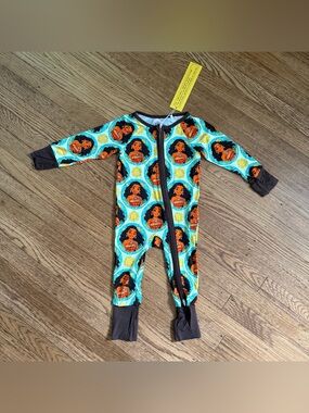 NWT Disney Moana Print Aqua & Brown Kids One-Piece Bamboo Romper size 12-18 m